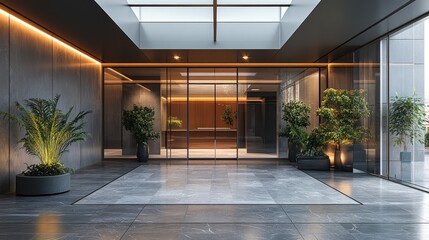 Modern building lobby, glass doors, plants, spacious interior, contemporary design, for real estate marketing