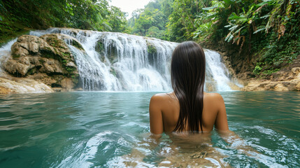 Fototapeta premium Young woman bathing in clear water in a natural tropical waterfall
