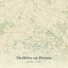 Retro map of M�zi�res-en-Brenne, Centre-Val de Loire, France. Vintage street map.