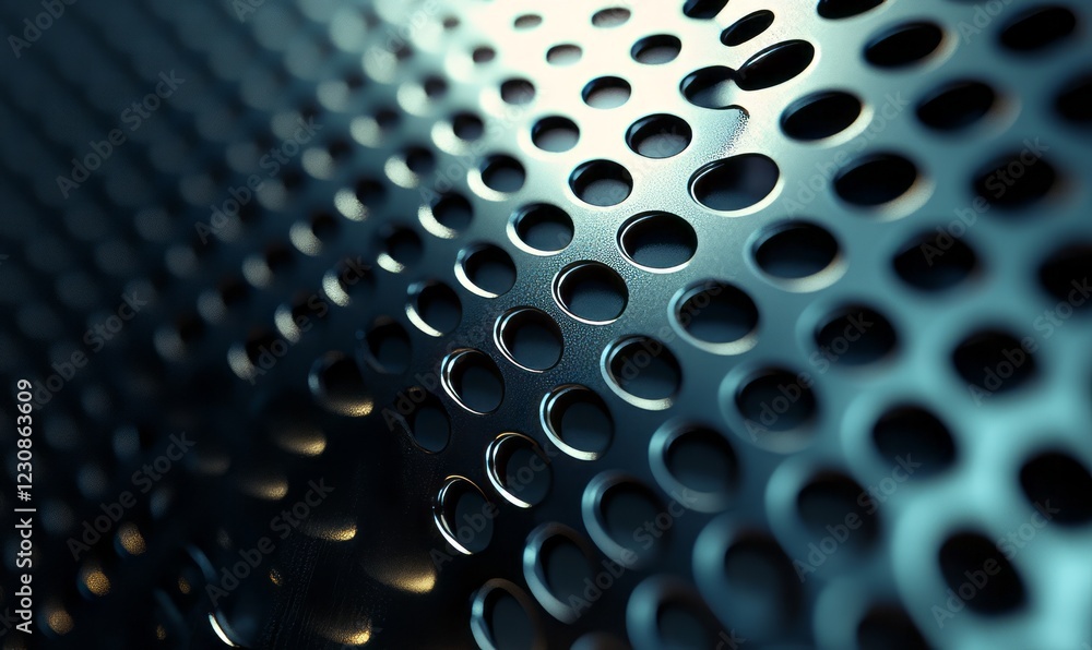 Poster abstract close-up of a metallic surface with circular perforations, creating a textured, dimensional