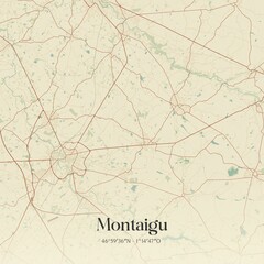 Retro map of Montaigu, Pays de la Loire, France. Vintage street map.