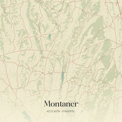 Retro map of Montaner, Nouvelle-Aquitaine, France. Vintage street map.