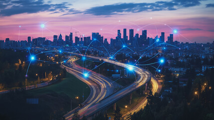 Fototapeta premium Abstract business man stands on Smart digital Innovation city with connection network reciprocity over the twilight cityscape. of future wireless digital city and social media networking systems