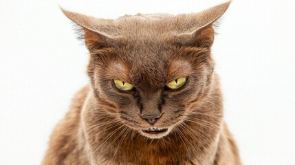 Close-up of a grumpy brown cat with intense golden eyes, glaring intensely at the camera against a bright white background.