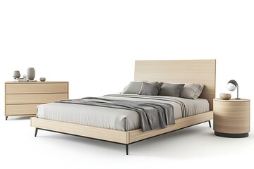 Obraz premium A bed with a white comforter and pillows is shown with a lamp and a nightstand