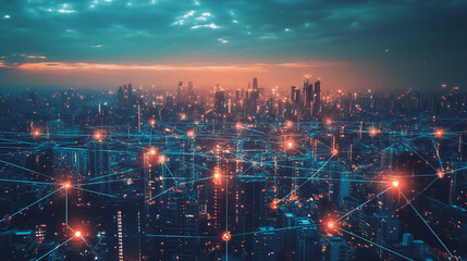 Abstract business man stands on Smart digital Innovation city with connection network reciprocity over the twilight cityscape. of future wireless digital city and social media networking systems