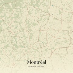 Retro map of Montr�al, Occitanie, France. Vintage street map.