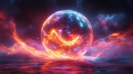 Intricate Fractal Sphere Surrounded by Light Reflections. Generative AI