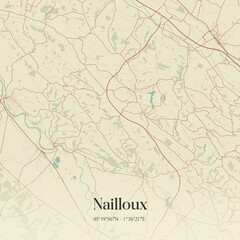 Retro map of Nailloux, Occitanie, France. Vintage street map.