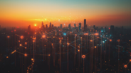 Fototapeta premium Abstract business man stands on Smart digital Innovation city with connection network reciprocity over the twilight cityscape. of future wireless digital city and social media networking systems