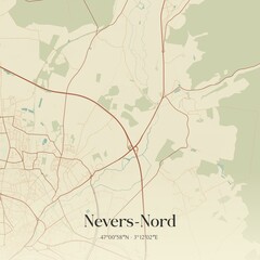 Retro map of Nevers-Nord, Bourgogne-Franche-Comt�, France. Vintage street map.