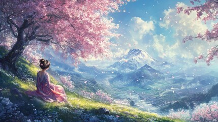 Fototapeta premium Woman in Pink Dress Contemplating Scenic Spring Landscape with Cherry Blossoms and Mountains