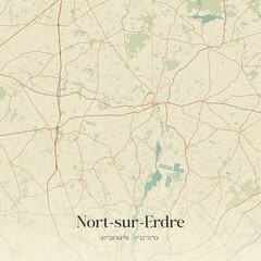 Retro map of Nort-sur-Erdre, Pays de la Loire, France. Vintage street map.