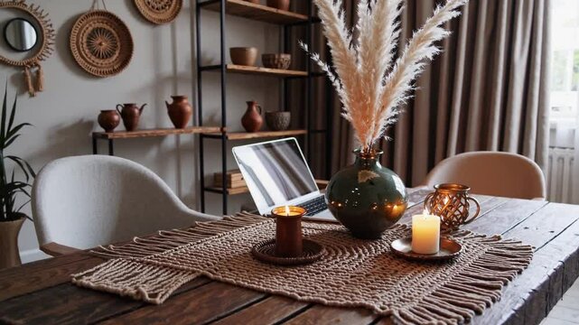 A warm and inviting boho-style room filled with earthy tones and natural textures. At the center, a rustic wooden table sits elegantly, adorned with carefully curated handmade boho decorations.