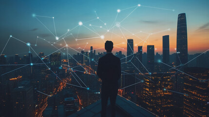 Abstract business man stands on Smart digital Innovation city with connection network reciprocity over the twilight cityscape. of future wireless digital city and social media networking systems

