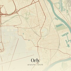 Fototapeta premium Retro map of Orly, �le-de-France, France. Vintage street map.