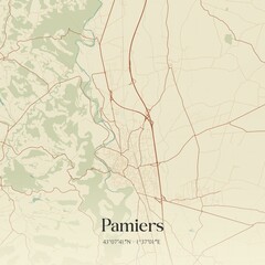Retro map of Pamiers, Occitanie, France. Vintage street map.