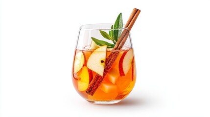 A glass of apple cider sangria, garnished with cinnamon sticks and apple slices, fall-inspired decor, realistic render, isolated on white background