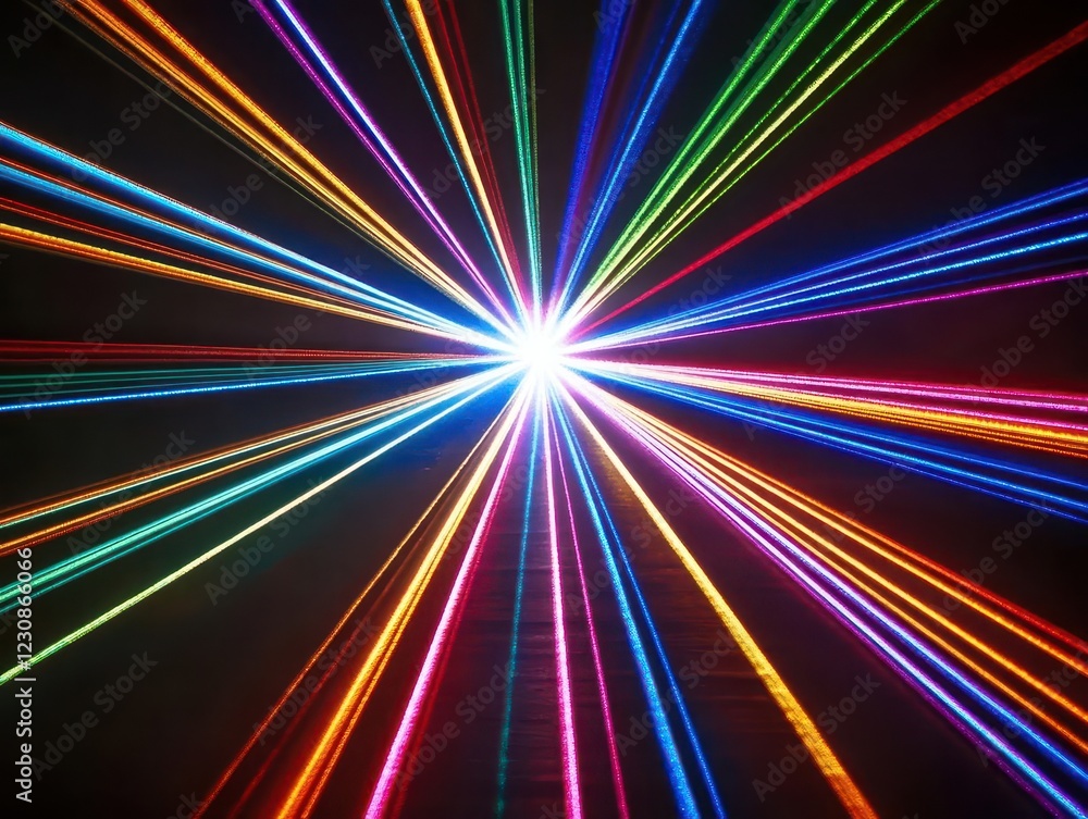 Poster abstract light trails in motion, vibrant laser beams creating dynamic patterns against black backgro