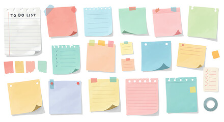Doodle paper notes, stickers, sticky sheets and tape set. To do list, memo messages with curled corner, notepads and torn paper with pin

