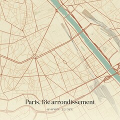 Retro map of Paris, 13e arrondissement, �le-de-France, France. Vintage street map.