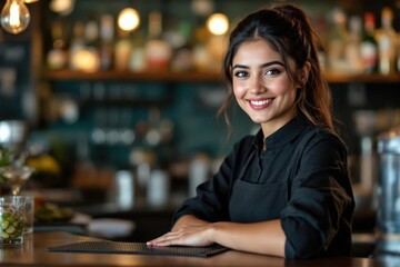 portrait of a young smiling Pakistani female bartender against blurred bar background