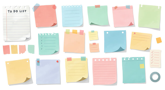 Doodle paper notes, stickers, sticky sheets and tape set. To do list, memo messages with curled corner, notepads and torn paper with pin

