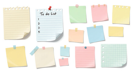 Doodle paper notes, stickers, sticky sheets and tape set. To do list, memo messages with curled corner, notepads and torn paper with pin
