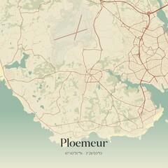 Fototapeta premium Retro map of Ploemeur, Bretagne, France. Vintage street map.