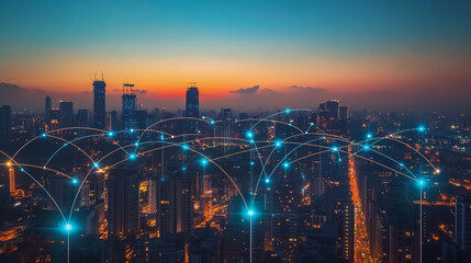 Fototapeta premium Abstract business man stands on Smart digital Innovation city with connection network reciprocity over the twilight cityscape. of future wireless digital city and social media networking systems