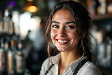Obraz premium portrait of a young smiling Paraguayan female bartender against blurred bar background
