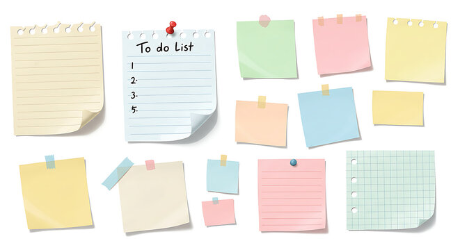Doodle paper notes, stickers, sticky sheets and tape set. To do list, memo messages with curled corner, notepads and torn paper with pin
