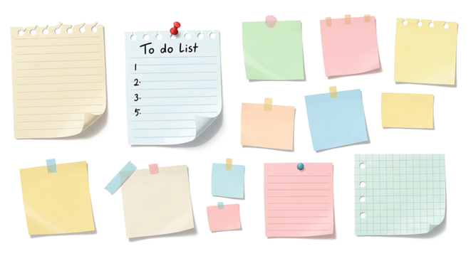 Doodle paper notes, stickers, sticky sheets and tape set. To do list, memo messages with curled corner, notepads and torn paper with pin
