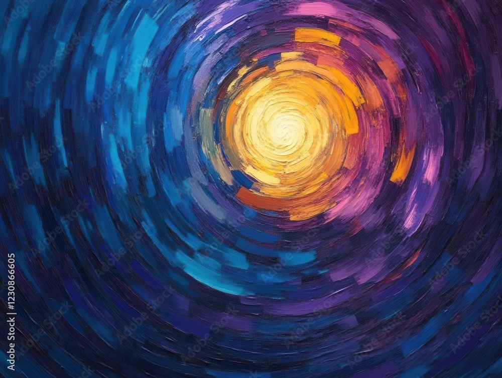 Poster abstract vortex pattern with vibrant blue, purple, and yellow gradients, retro noise texture creatin