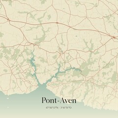 Retro map of Pont-Aven, Bretagne, France. Vintage street map.