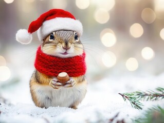 adorable chipmunk wearing miniature knitted red scarf and tiny santa hat, sitting in snowy pine forest, holding acorn, twinkling lights bokeh