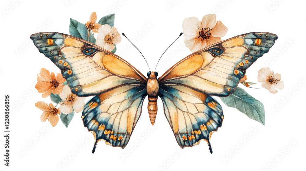 Poster butterfly with open wings showing colorful pattern on transparent background