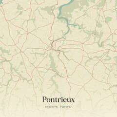 Retro map of Pontrieux, Bretagne, France. Vintage street map.
