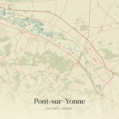 Fototapeta premium Retro map of Pont-sur-Yonne, Bourgogne-Franche-Comt�, France. Vintage street map.