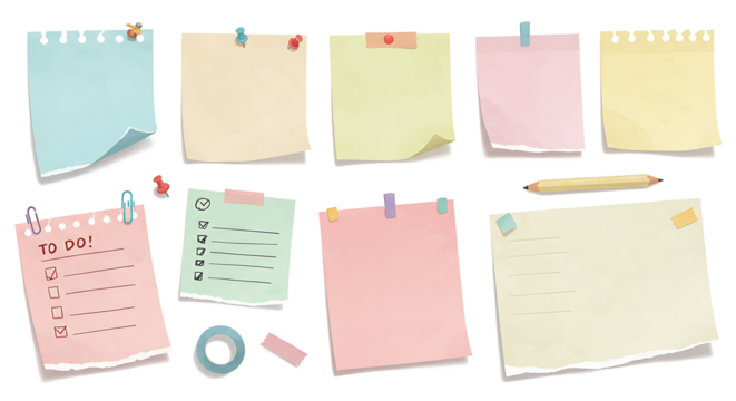 Doodle paper notes, stickers, sticky sheets and tape set. To do list, memo messages with curled corner, notepads and torn paper with pin
