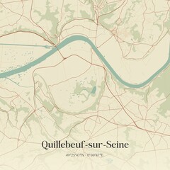 Retro map of Quillebeuf-sur-Seine, Normandie, France. Vintage street map.
