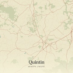 Retro map of Quintin, Bretagne, France. Vintage street map.