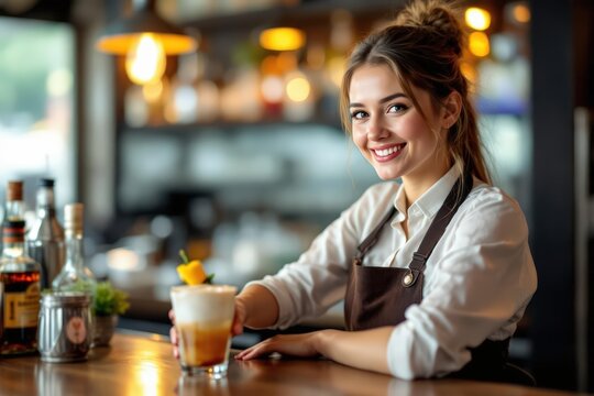 portrait of a young smiling Russian female bartender against blurred bar background - Powered by Adobe