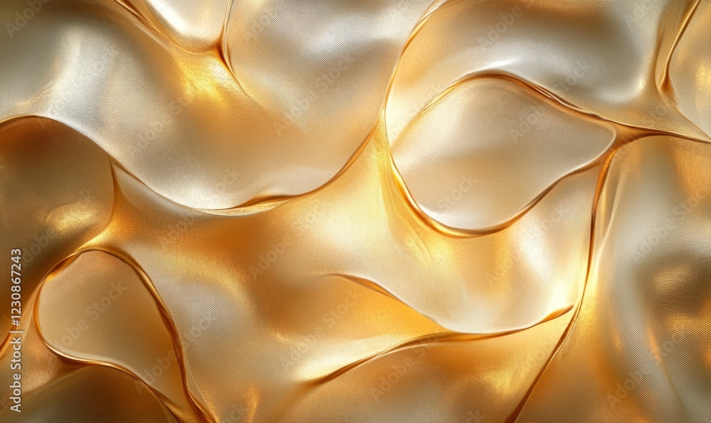 Poster abstract gold fabric texture with flowing waves and shiny surface.