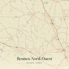 Retro map of Rennes-Nord-Ouest, Bretagne, France. Vintage street map.