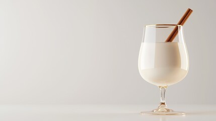 A glass of creamy eggnog with cinnamon stick, holiday drink concept, 3D rendering, warm lighting, isolated on white background