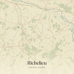Retro map of Richelieu, Centre-Val de Loire, France. Vintage street map.