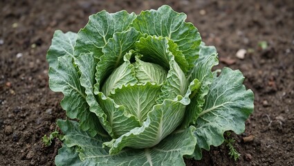 Naklejka premium Close up of fresh Savoy cabbage in soil crinkled leaves and base in clear view