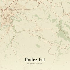 Retro map of Rodez-Est, Occitanie, France. Vintage street map.