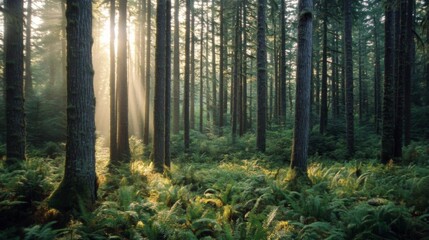 Obraz premium Sunlit Forest Path with Lush Green Ferns